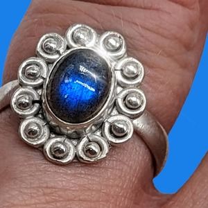 Sterling Silver Ring Size 7 Blue Fire Labradorite 925 Jewelry Flower Natural Cab